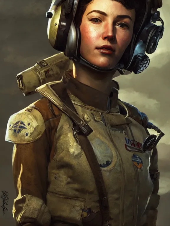 Image similar to portrait of a young pilot from fallout 4 wearing pilot gear, short brown hair, art by ryo shiotani and greg rutkowski, intricate, beautiful, cute, cinematic lighting