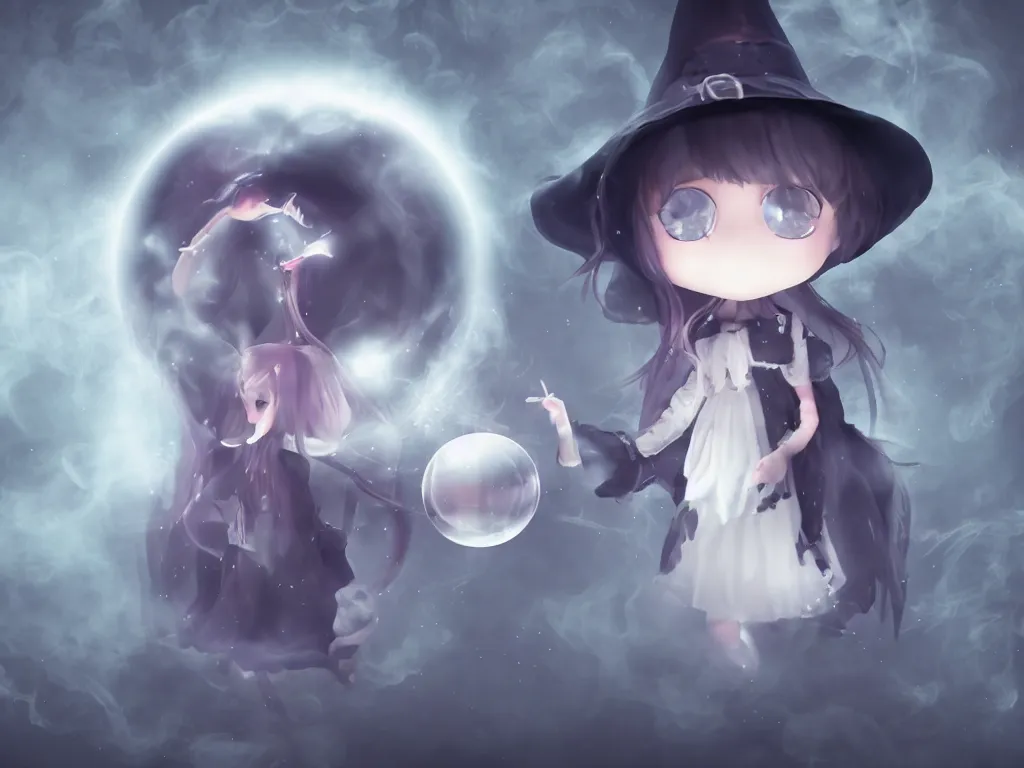 Image similar to cute fumo plush girl gazing into a crystal ball swirling with strange energy, black and white eldritch gothic horror, smoke and volumetric fog, witch girl, soothsayer, lens flare glow, chibi anime, vray