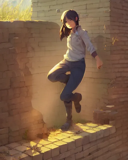 Image similar to ! dream a bricklayer girl making a brick wall on a farm, perfect shading, atmospheric lighting, by makoto shinkai, stanley artgerm lau, wlop, rossdraws