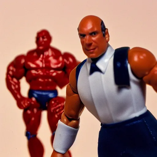 Image similar to 1980s plastic vinyl action figure toy of a L Ron Hubbard with muscular arms, studio photography isolated on a white background