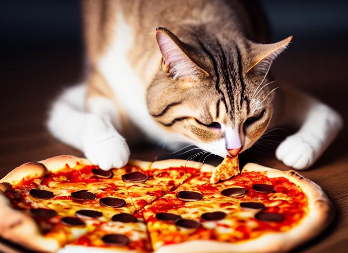 Image similar to fat cat eating a slice of pizza. highly detailed 8 k. intricate. lifelike. soft light. nikon d 8 5 0 5 5 mm. dof. cinematic postprocessing.