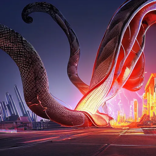 Image similar to colossal snake made of electricity destroying a futuristic town, digital art, highly detailed