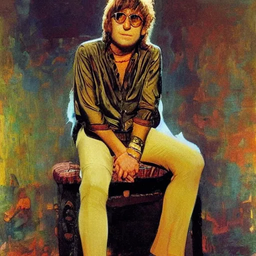 Prompt: portrait of elton john lennon wearing a see - through shirt in 1 9 7 0 by ilya repin