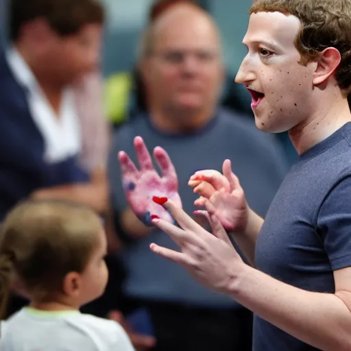 Image similar to mark zuckerberg pealing off his skin with him own hands to reveal the horrid thing underneath, drawn by a child