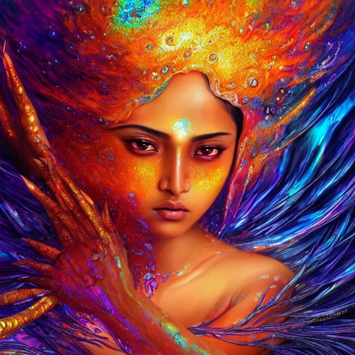 Image similar to ultra detailed stunning digital painting of a angry indian anime girl, skin made out of chrome, covered in a sea of iridescent liquid, lost in a dreamy oriental realm by Karol Bak, Moebius, hiroshi yoshida, Druillet, xsullo, colorful, front view, vivid colors, 8k, coherent, anime vibes, uplifting, magical composition, artstation, synthwave, 8k, coherent, artgerm, uplifting, unreal engine, magical composition, artstation