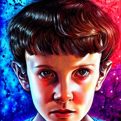 Prompt: a portrait of Eleven from Stranger things by Karol Bak, character, vibrant , artistic, detailed,female-focus,
