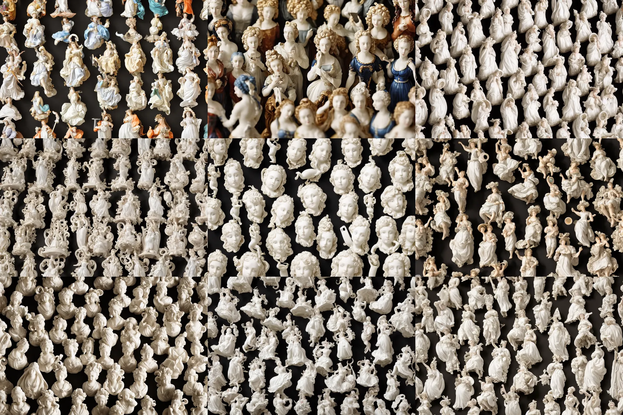 Prompt: A close up photo of porcelain composition of diverse baroque figurines staring down at their iphones