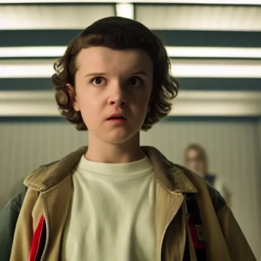 Prompt: Screenshot of Eleven, from Stranger Things (2016 TV Show)