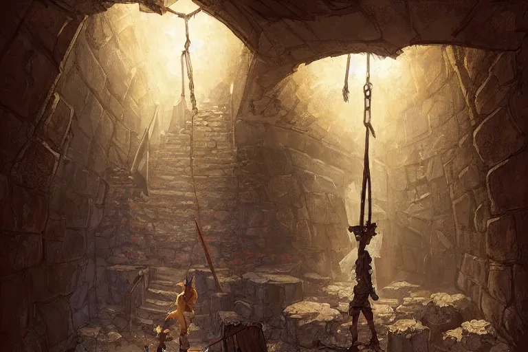 Image similar to one point perspective dungeon cozy fantasy dungeon hallway view with swinging axe trap in the middle of the ground by artgerm and Craig Mullins, James Jean, Andrey Ryabovichev, Mark Simonetti and Peter Morbacher 16k