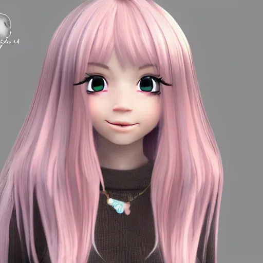 Image similar to Render of Nikki from Shining Nikki Dress-Up Game, a cute 3D young woman, long light pink hair, full bangs, full round face, hazel amber eyes, pale skin, cute freckles, light blush, Chinese heritage, smiling softly, wearing casual clothing, interior lighting, cozy living room background, medium shot, mid-shot, hyperdetailed, trending on Artstation, Unreal Engine 4k