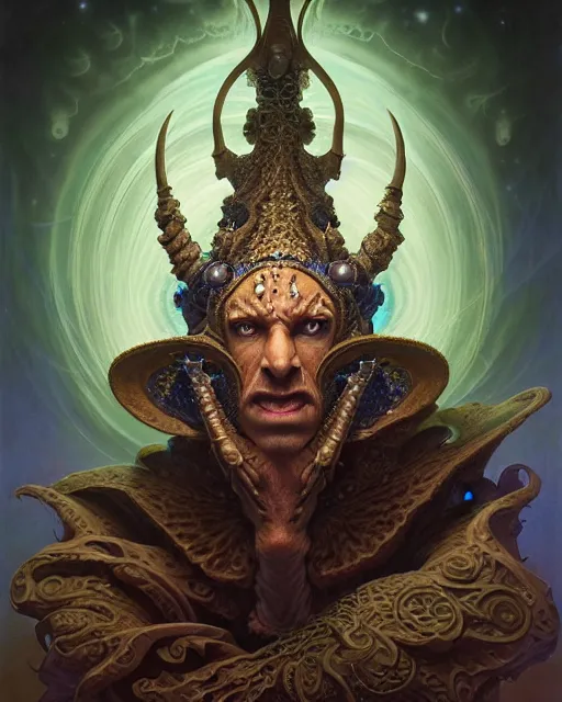 Image similar to front shot of a court jester character, hyperdimensional, bioluminescent hypercubes, ((intricate)), elegant, highly detailed, centered, (((artstation, concept art, smooth, sharp focus, artgerm, Tomasz Alen Kopera, Peter Mohrbacher, donato giancola, Joseph Christian Leyendecker, WLOP, Boris Vallejo))), mugshot!!!!!, ugly!!!!!!, octane render, nvidia raytracing demo, grainy, muted