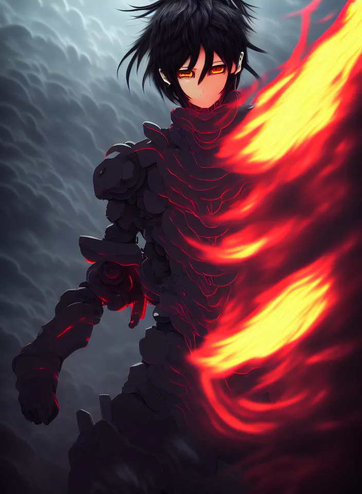 Image similar to a detailed manga illustration character full body portrait of a dark haired cyborg anime man surrounded by clouds of dark smoke and fire, trending on artstation, digital art, 4 k resolution, detailed, high quality, sharp focus, hq artwork, insane detail, concept art, character concept, character illustration, full body illustration, cinematic, dramatic lighting