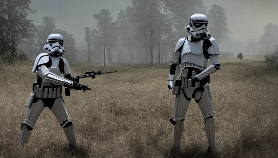 Prompt: Photorealistic Rendering of a Stormtrooper in World War!! 2 on a battlefield between ruins, Wallpaper, Hyperdetailed, Raytraced, Haze, Style of Claude Monet