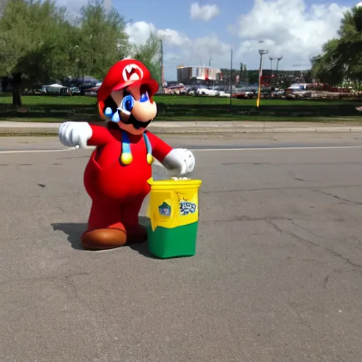 Prompt: super mario throwing away some trash