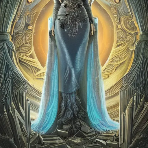 Image similar to a portrait of a older anya taylor - joy as the goddess minerva surrounded by stacks of books, bioluminescent gown with deep level of detail of esoteric symbols, urban motifs, intricate, elegant, highly detailed, digital painting, trending on artstation, concept art, smooth sharp focus, illustration, art by artgerm and greg rutkowski