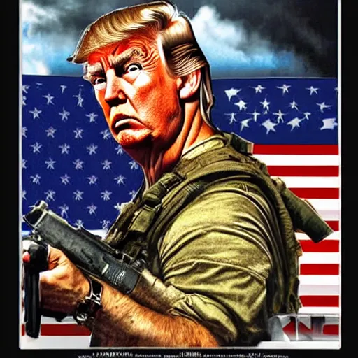 Image similar to trump as rambo, movie poster, digital art, drew struzan