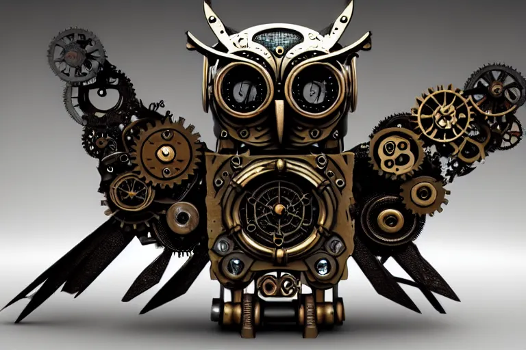 Prompt: iron owl, steampunk style, consists of many parts, many parts, high quality, 8 k