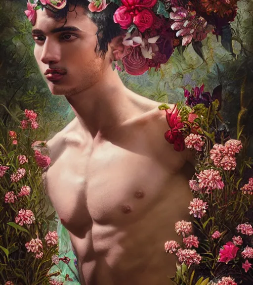 Prompt: portrait of a very handsome peruvian male model, surrounded by flowers by karol bak, james jean, tom bagshaw, rococo, trending on artstation, cinematic lighting, hyper realism, octane render, 8 k, hyper detailed.