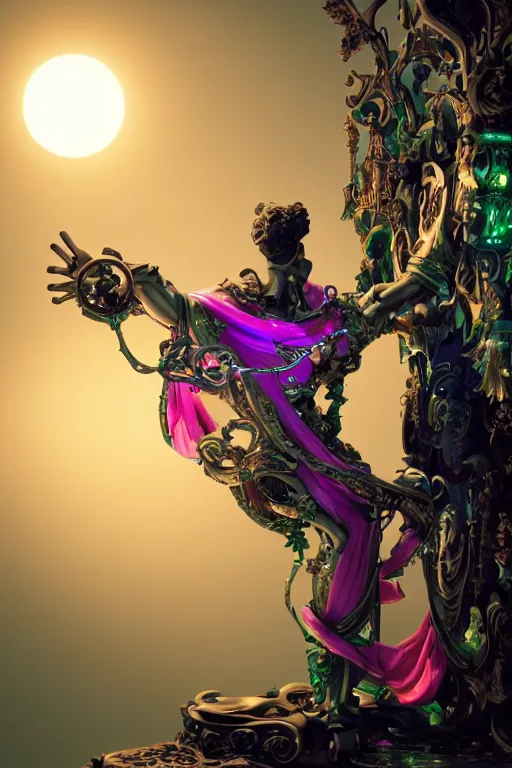 Image similar to full-body rococo and cyberpunk style sculpture of a young handsome seductive Italian android prince reaching for the sun, glowing pink eyes, crown of blue gears, swirling green-colored silk fabric. futuristic elements. full-length view. intricate artwork by caravaggio. Trending on artstation, octane render, cinematic lighting from the right, hyper realism, octane render, 8k, depth of field, 3D