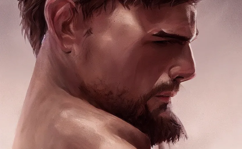 Image similar to a painting of arkul trending on artstation in the style of greg rutkowski, beautiful, male, sensual, natural skin, muscular, stubble, warrior tattoo