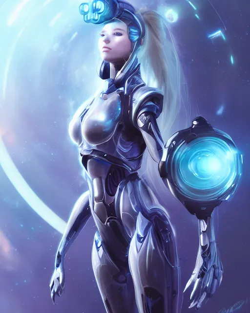 Image similar to perfect android girl on a mothership, warframe armor, beautiful face, scifi, futuristic, galaxy, nebula, raytracing, dreamy, long white hair, blue cyborg eyes, sharp focus, cinematic lighting, highly detailed, artstation, divine, by gauthier leblanc, kazuya takahashi, huifeng huang