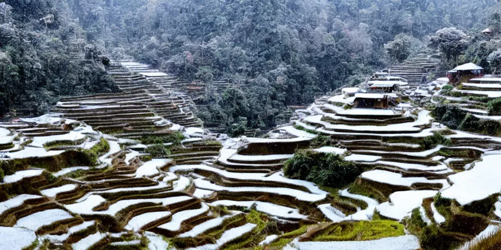 Image similar to a photo of ifugao rice terraces in the Philippines snowing and everything is covered with snow, winter wonderland, tropical snow, bad cold weather