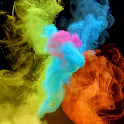 Prompt: multi color smoke with the small ( outstretched ribbed wings and head of a fairytale dragon ), billowy, 8 k, 4 k