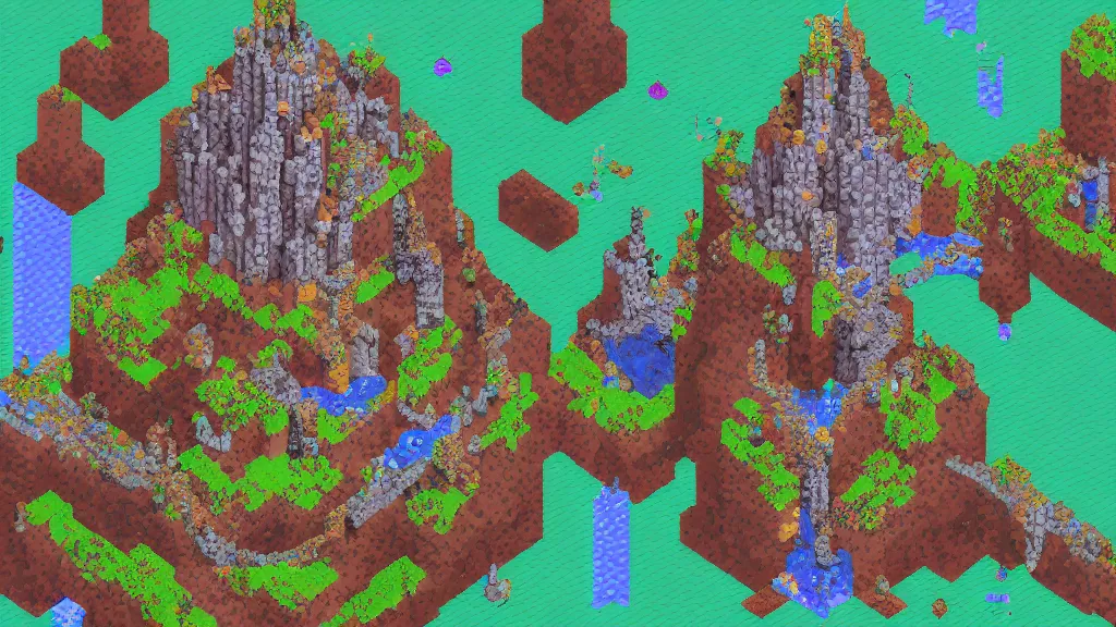 Image similar to Aerial view of a wizard tower surrounded by different kinds of gem mines and ominous caves, pixel art, colored