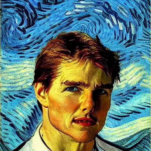 Image similar to Tom Cruise head over water at sea by Van Gogh