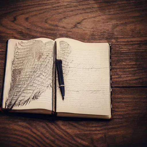 Prompt: highly detailed close up photo of an old worn notebook on wooden table, old table, feather pen, light coming out of near window, moody lighting, dim atmosphere, dust in air