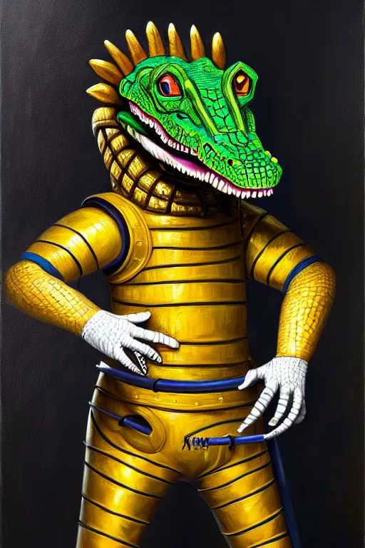 Image similar to royal portrait of an anthropomorphic male alligator fursona in fencing gear, furry art, oil on canvas, dramatic