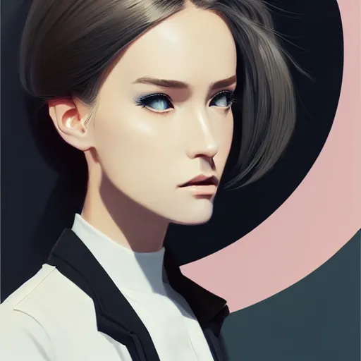 Image similar to young female in black jacket suit, muted colors, matte print, pastel colors, 2d, ultra highly detailed, smooth, sharp focus, digital art, digital painting, fan art, elegant, artstation, head is centered, by Ilya Kuvshinov