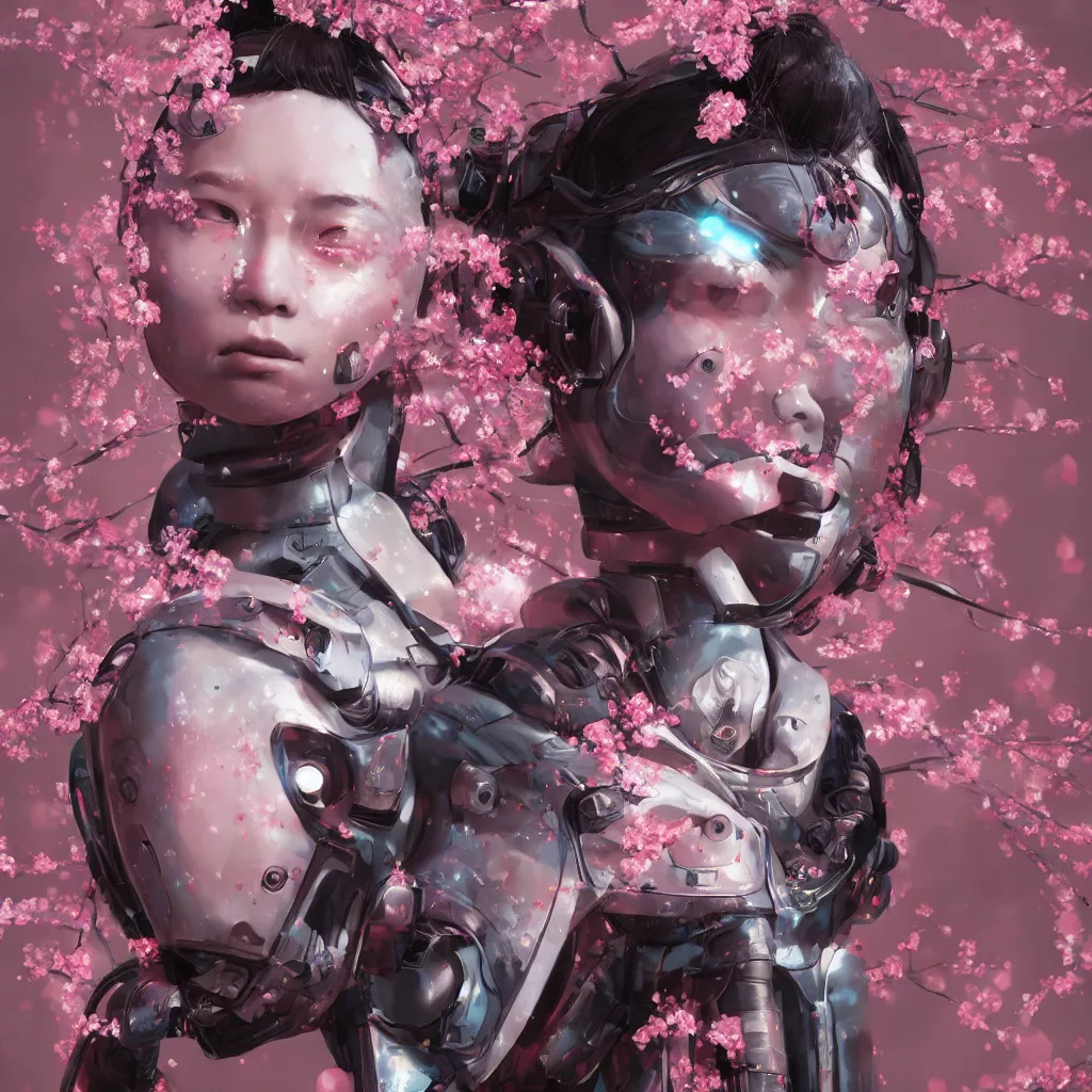 Image similar to An epic fantastic realism comic book style portrait painting of a Japanese robotic geisha, cherry blossom rain everywhere, Apex Legends Concept Art, porcelain, unreal 5, DAZ, hyperrealistic, octane render, cosplay, RPG portrait, dynamic lighting