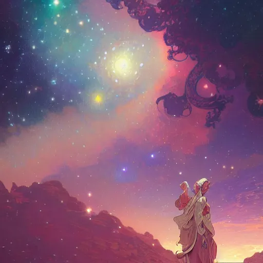 Image similar to highly detailed digital of colorful nebulas, planets in the background, highly detailed, intricate design, cinematic view, 8 k resolution, artstation by alphonse mucha, moebius, krenz cushart