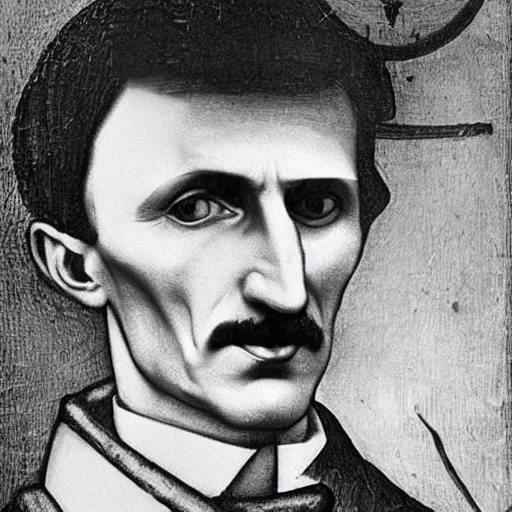 Image similar to painting of nikola tesla by leonardo da vinci very realistic and detailed. Holding a light bulb. Divine. Atereal location