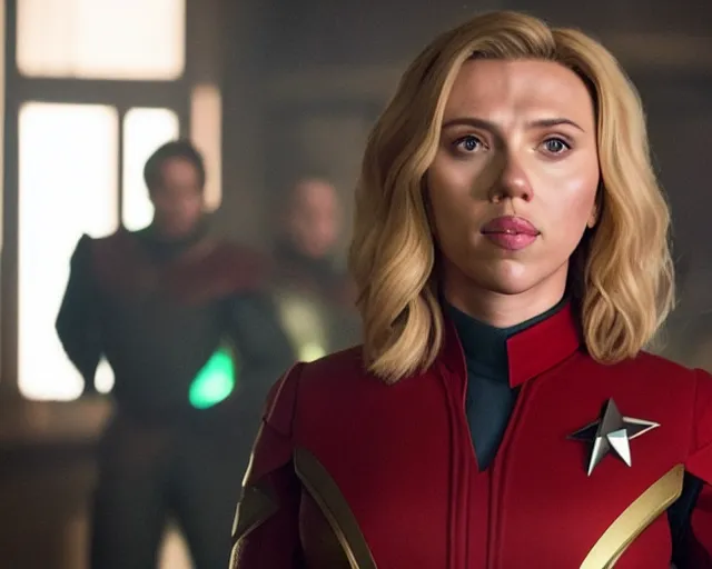 Image similar to portrait of scarlett johansson, in starfleet uniform, in a scene from the tv series vikings