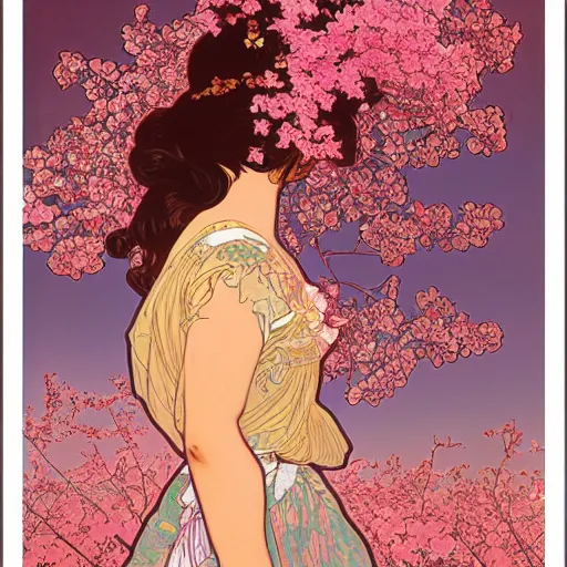 Prompt: floral poster of a dreamy woman in a field of cherry blossom and neural networks, highly detailed, postprocessing, photorealistic, matte painting, 8k, by Alphonse Mucha and Moebius