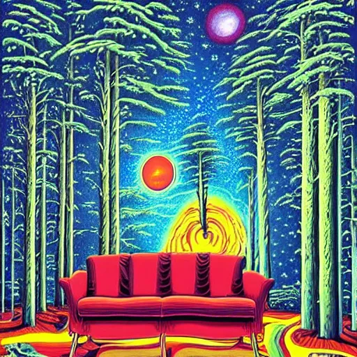 Prompt: psychedelic trippy melting pine forest, planets, milky way, sofa, cartoon by rob gonsalves