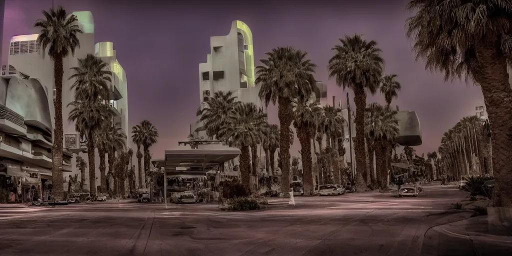 Image similar to palm springs as as futuristic city, sci fi, blade runner, cinematic, underexposed,