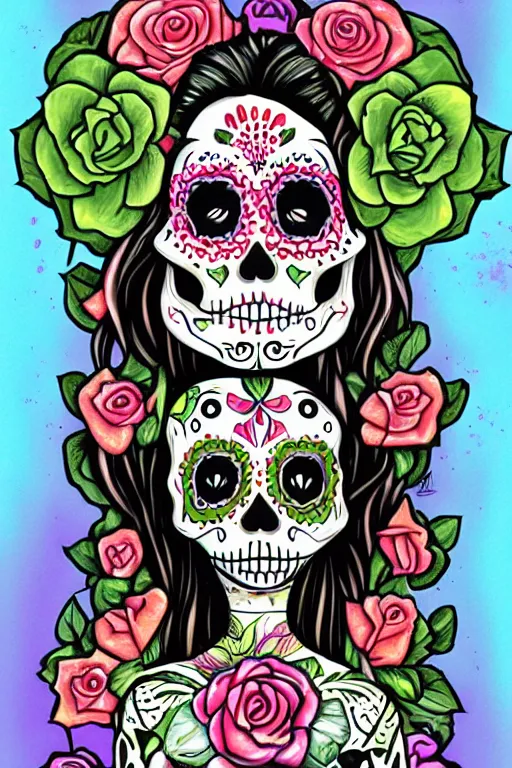 Image similar to illustration of a sugar skull day of the dead girl, art by joe petagno