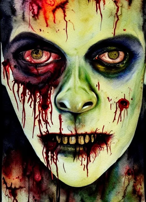 Image similar to zombie hollywood professional acting headshot, hyperrealism, intricate detailed, studio lighting, charming expression gesicht, watercolor art, drawn and painted, colored layers, dulled contrast, exquisite fine art