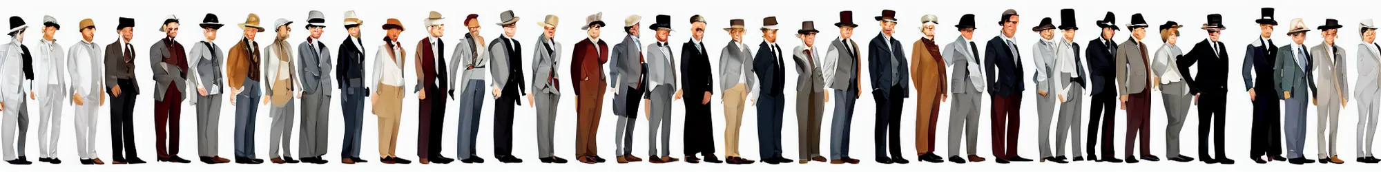 Prompt: long line-up of suspects, full body view, retrofuturistic victorian fashion, white background
