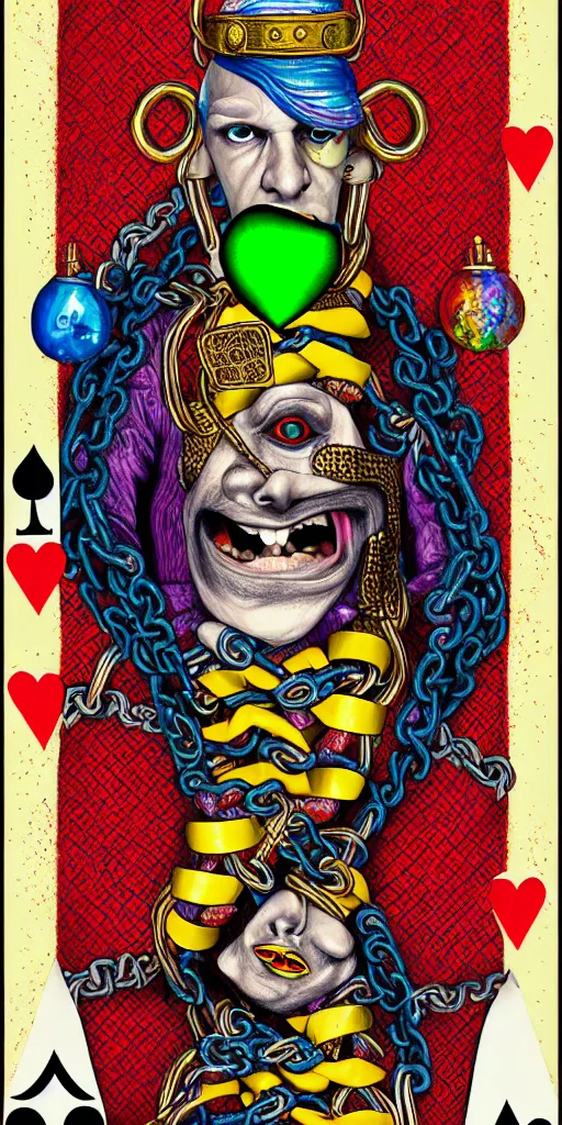 Image similar to psychedelic illustration, court jester portrait, psychotic eyes, in prison, in chains, playing card design, detailed colored pencil drawing, photorealistic illustration, 8 k resolution, octane render,