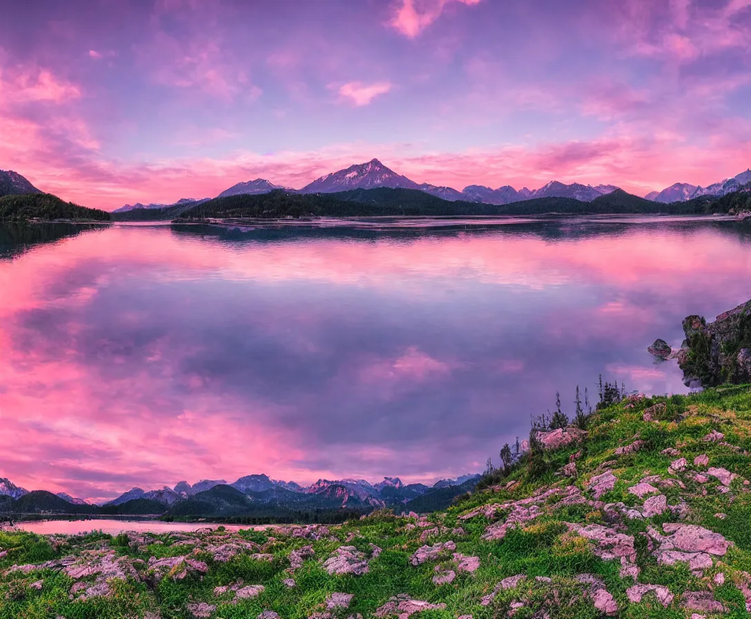 Prompt: wide angle photography, majestic mountains, beautiful lake, lush landscape, pink sky, sunset, high res, 8k