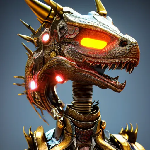 Prompt: a highly detailed close-up bust, of a beautiful cute anthropomorphic robot female dragon, with smooth and streamlined mechanical armor, standing and posing elegantly in front of the camera, well detailed head with two LED eyes, sharp teeth, two arms, digital art, artstation, DeviantArt, professional, octane render, sunset lighting