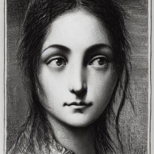 Image similar to extreme close-up, black and white, eyes of a young french woman, marie laforet as model, Gustave Dore lithography