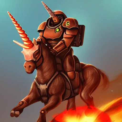 Image similar to doomguy riding a unicorn, game art, trending on artstation