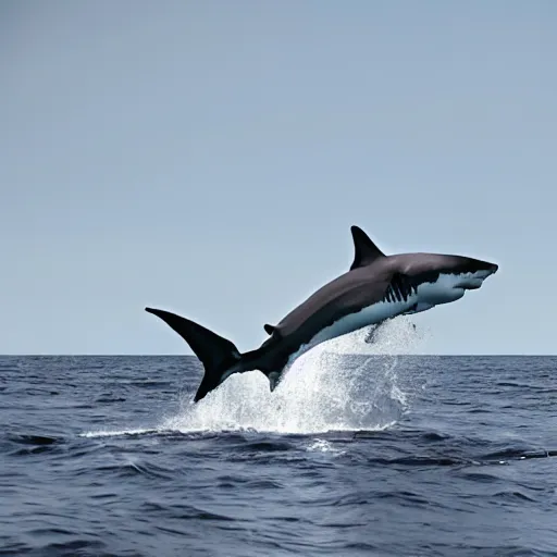 Image similar to great - white shark jumping out of the water posing for a photo with people on a boat