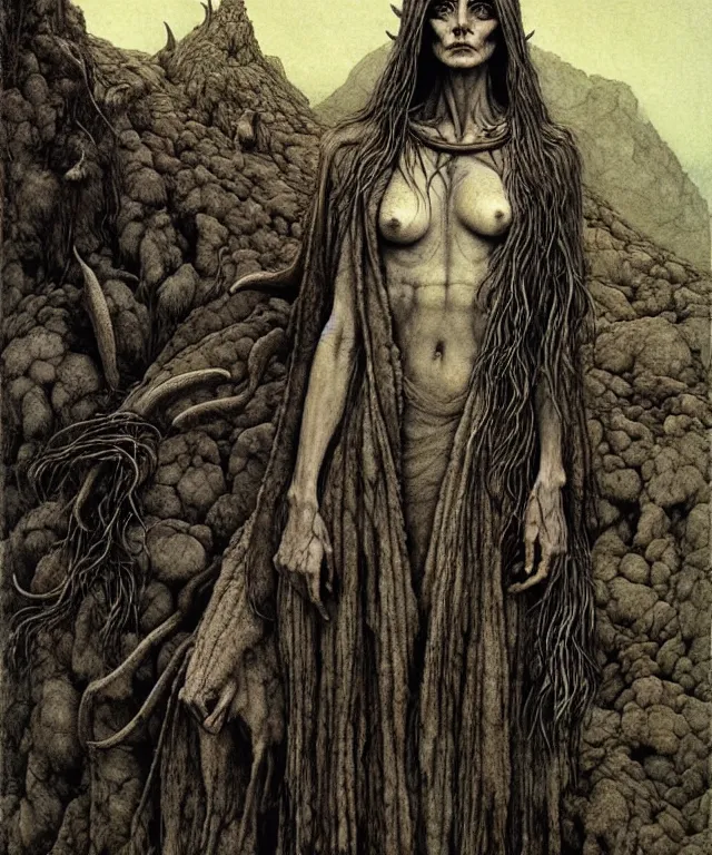 Image similar to A detailed horned goatwoman stands among the hills. Wearing a ripped mantle, robe. Perfect faces, extremely high details, realistic, fantasy art, solo, masterpiece, art by Zdzisław Beksiński, Arthur Rackham, Dariusz Zawadzki