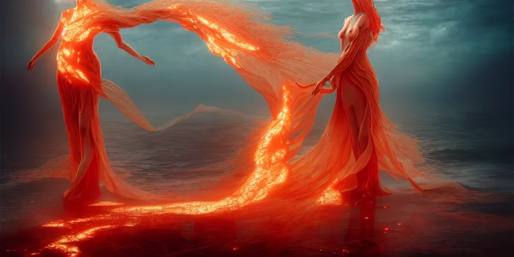 Prompt: Dressed body that turns into a turbulent ocean catching bloody fire, concept art, art nouveau, inspired by Reylia Slaby, Peter Gric, Andrew Ferez, trending on artstation, volumetric lighting, intricate, ornate, CGsociety